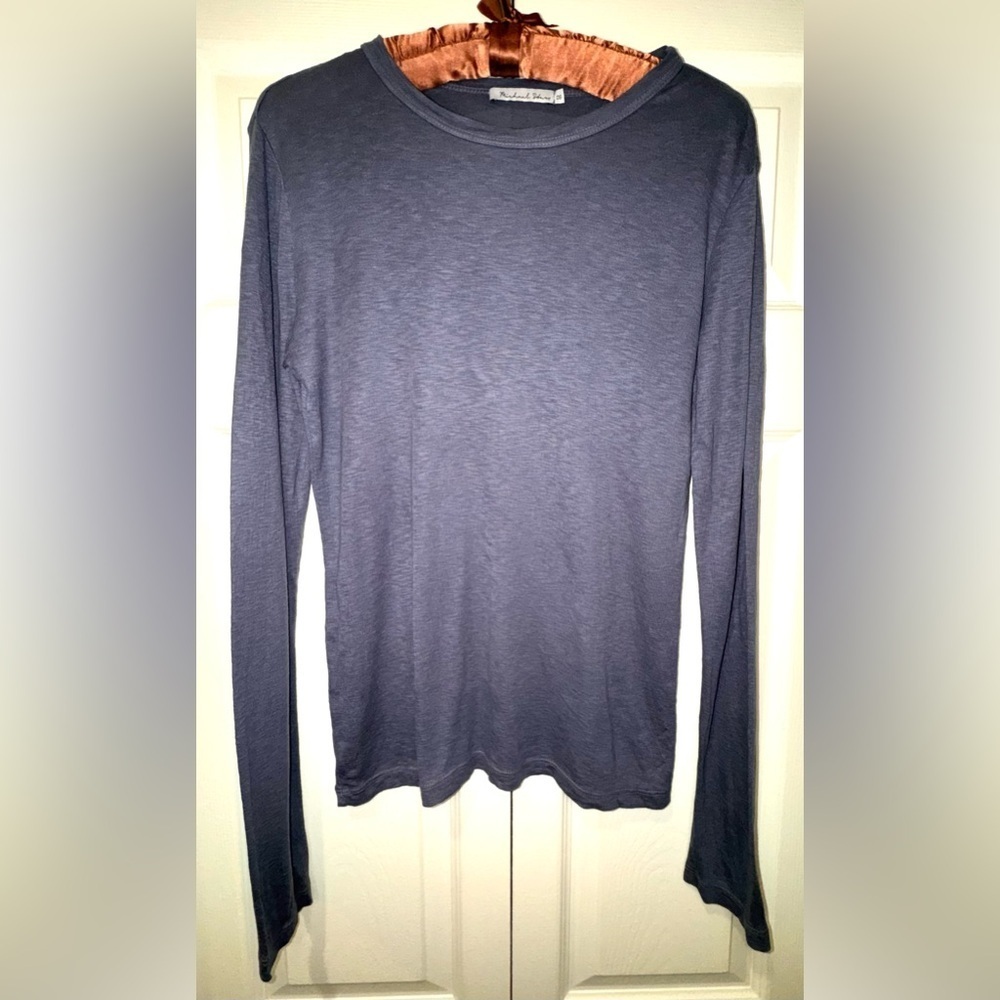 Michael Stars Long Sleeve Crewneck Top Grey Blue One Size USA Made